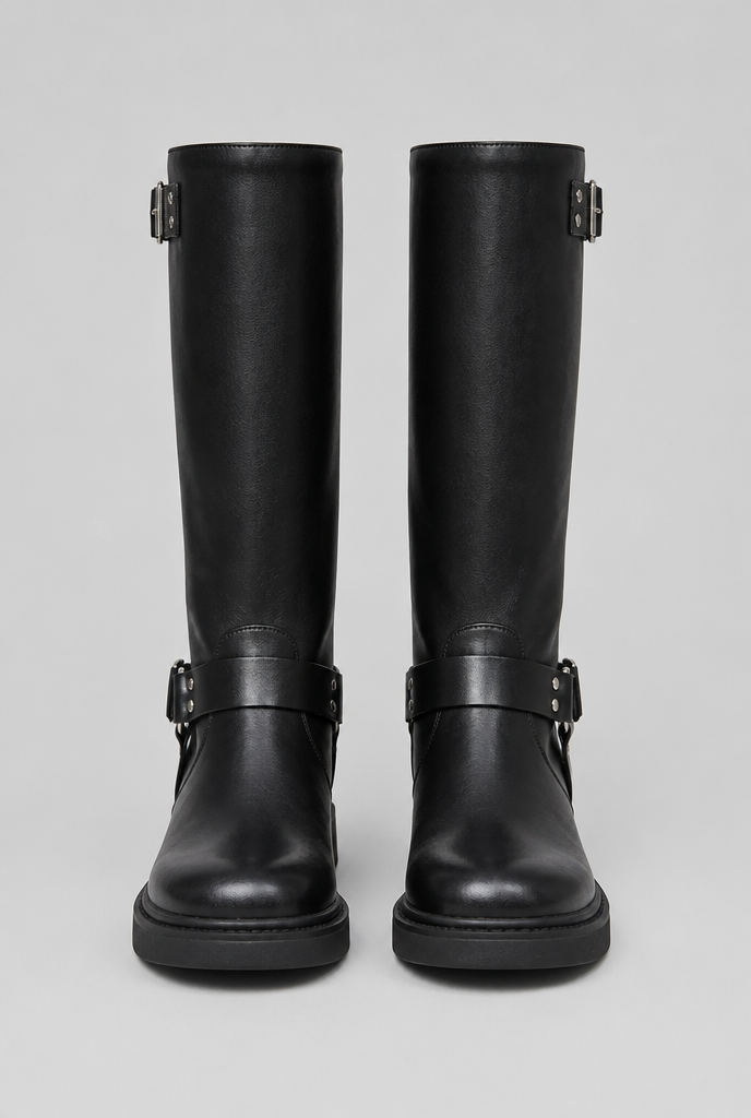 Bottes biker genou hautes à boucle