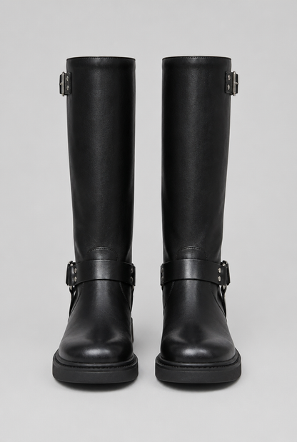 Bottes biker genou hautes à boucle