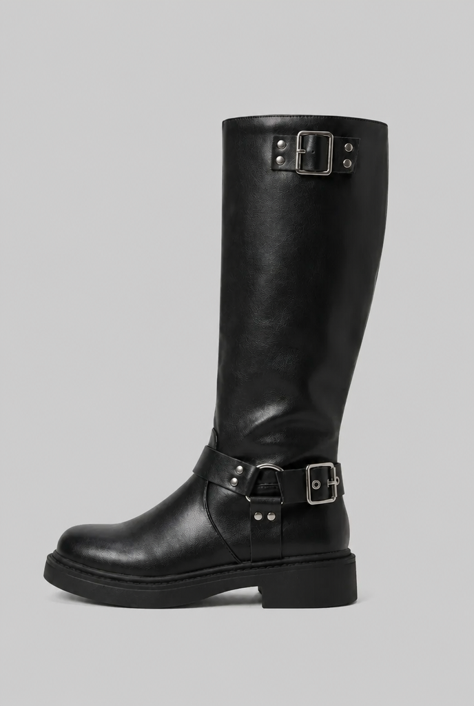 Bottes biker genou hautes à boucle