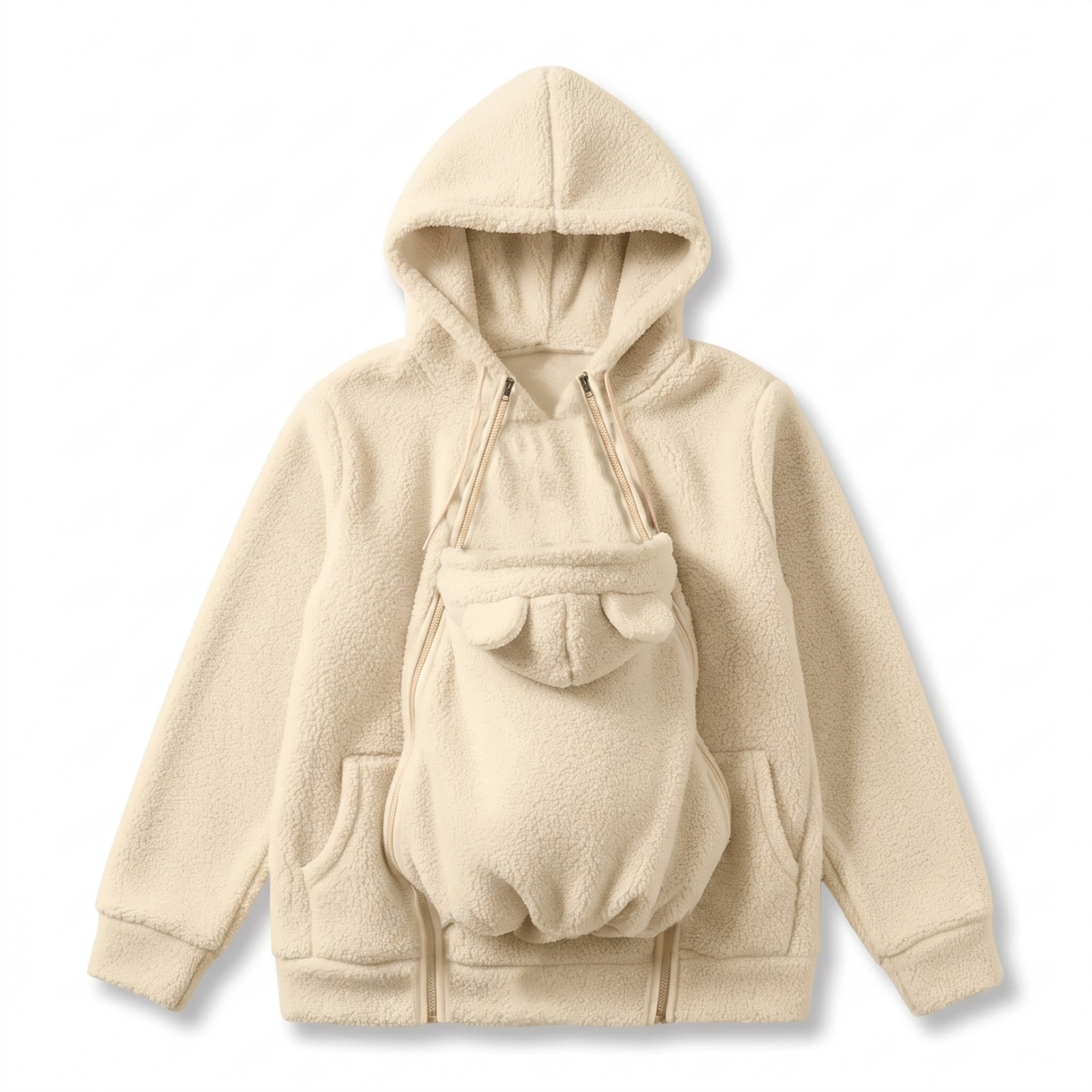Sweat porte-bébé polaire beige avec poche kangourou zippée, vue produit