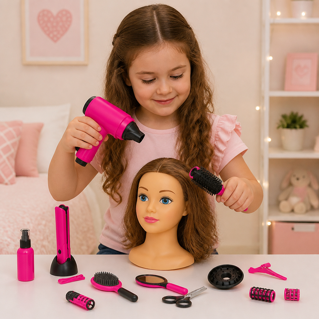 Coffret salon de coiffure 14 pièces pour enfants avec tous les outils et accessoires de coiffure disposés