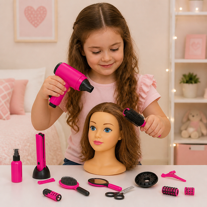 Coffret salon de coiffure 14 pièces pour enfants avec tous les outils et accessoires de coiffure disposés