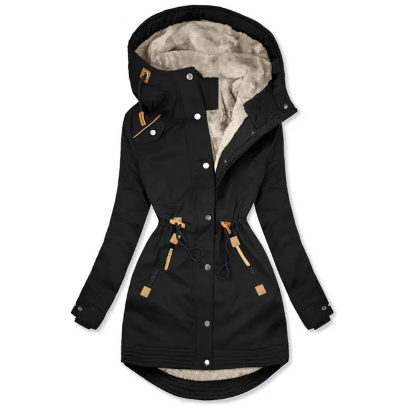 Parka femme à capuchon, détail du cordon de serrage