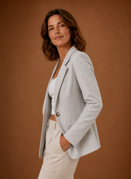 Veste tailleur femme à un bouton, détail du bouton