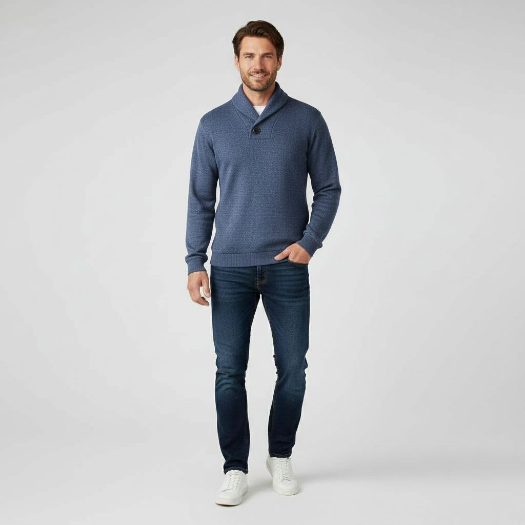Pull ajusté homme en coton à col montant boutonné, vue de face