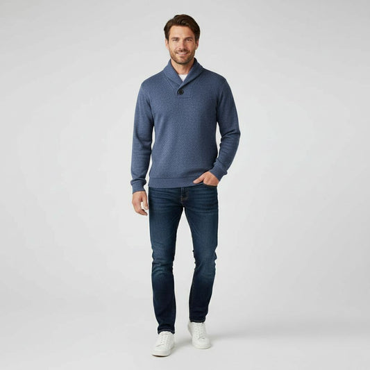 Pull ajusté homme en coton à col montant boutonné, vue de face