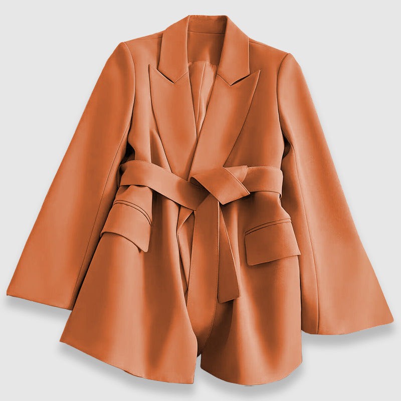 Blazer en polyester beige à manches cape et ceinture, vue de face