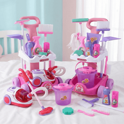 Chariot de ménage interactif pour enfants avec accessoires, vue de face