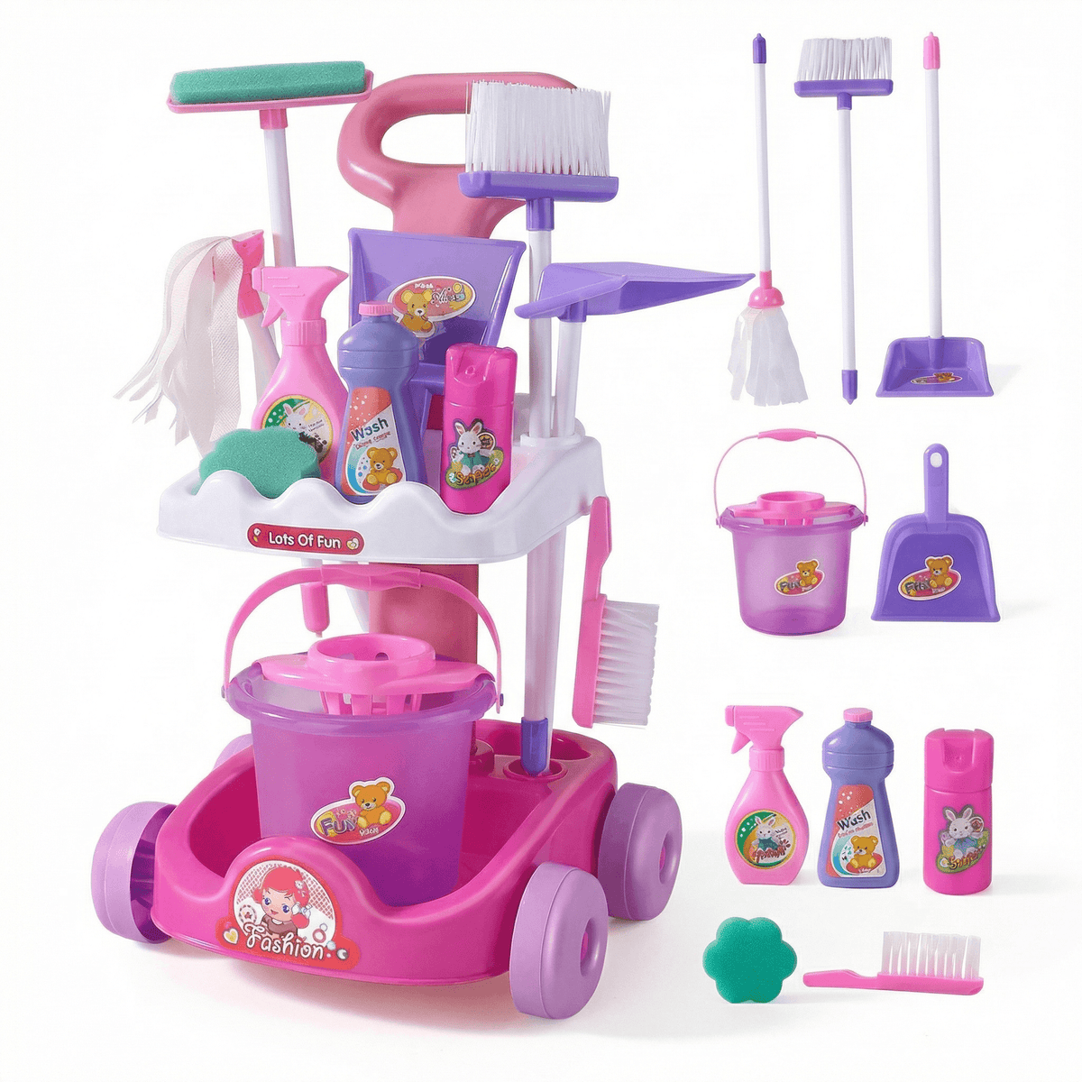 Variante chariot avec serpillière et seau, balai, vaporisateur et accessoires