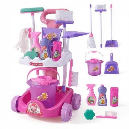 Variante chariot avec serpillière et seau, balai, vaporisateur et accessoires