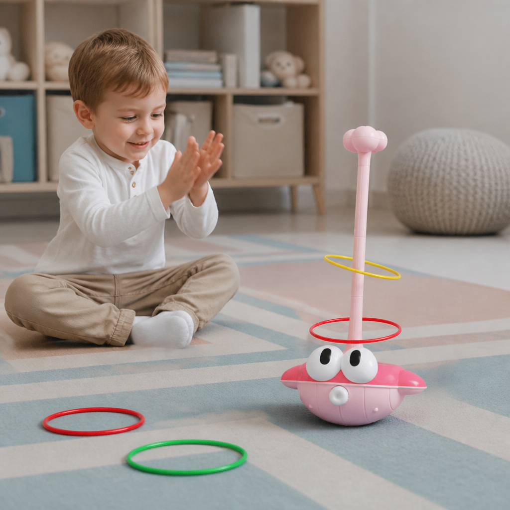 Enfant jouant au lancer d'anneaux avec le set de jeu actif 3-en-1 rose