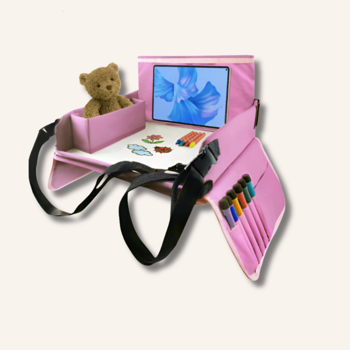 Plateau de voyage pour enfant rose, avec ourson en peluche, support tablette tactile, surface tableau blanc et pochettes à crayons