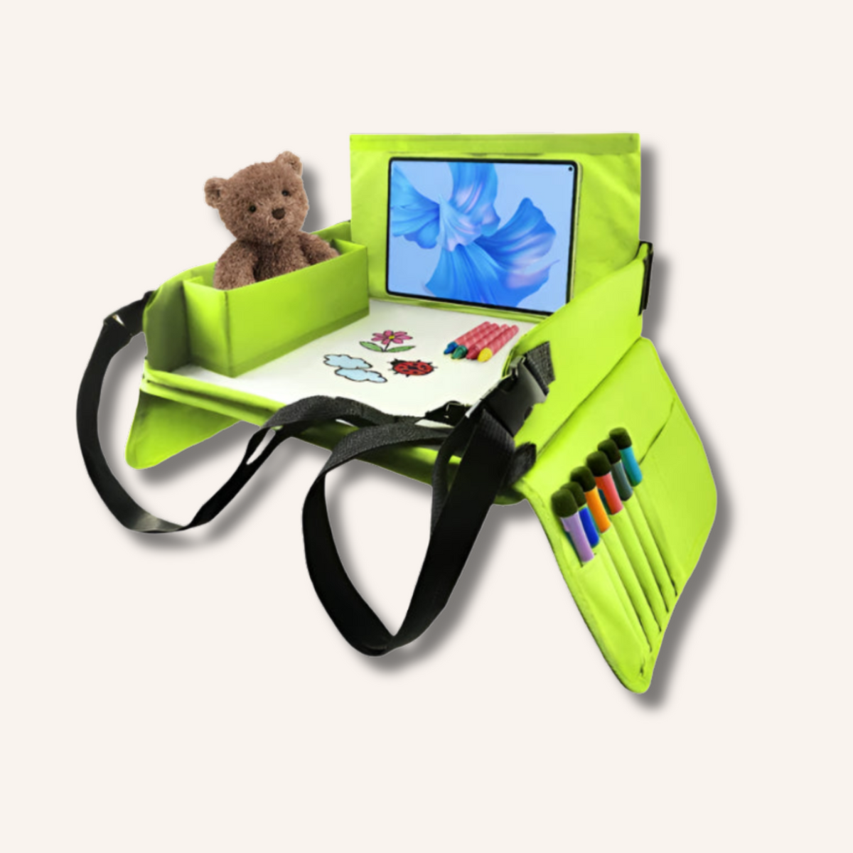 Plateau de voyage pour enfant vert, avec ourson en peluche, support tablette tactile, surface tableau blanc et pochettes à crayons