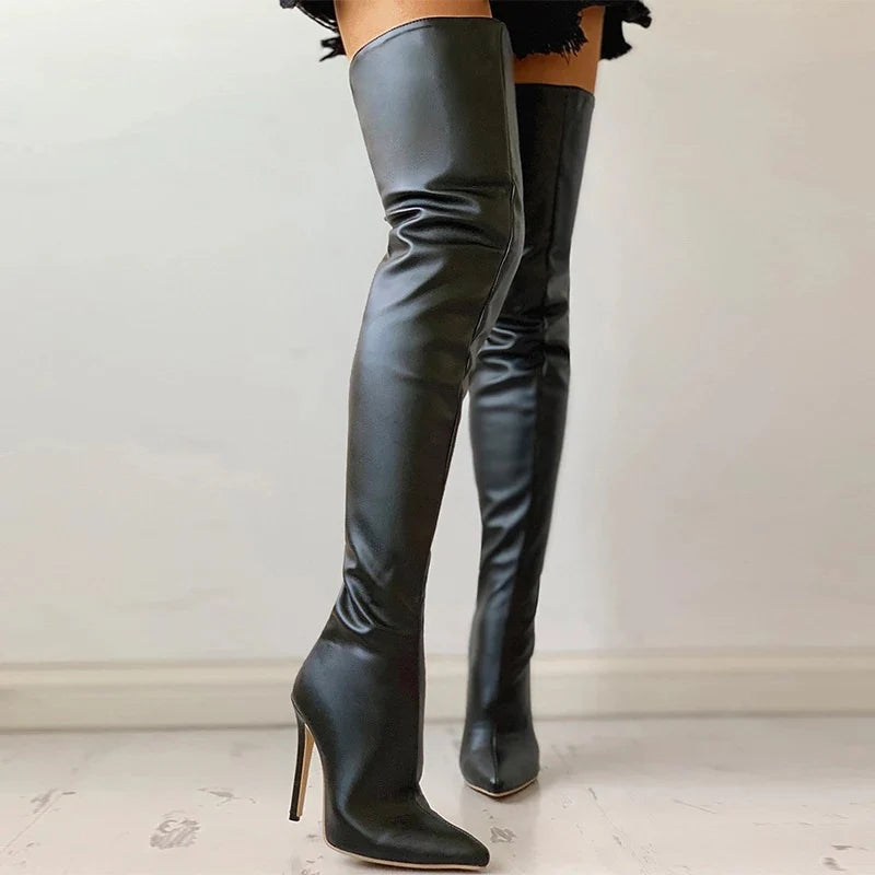bottines femme sur-genou avec talon bloc doré, vue de côté