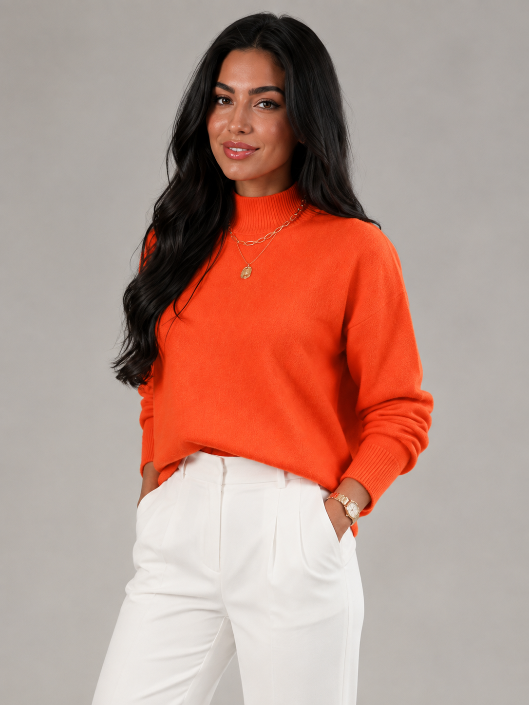 pull en maille douce pour femme avec col montant, couleur verte