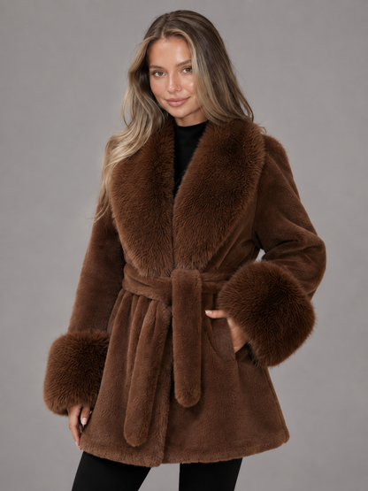 manteau femme à ceinture avec col en fausse fourrure, ceinture à la taille