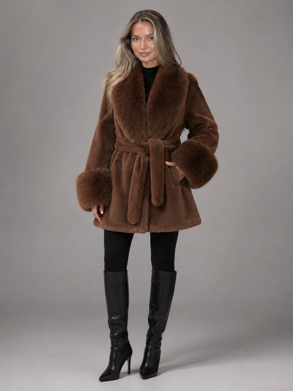 manteau femme à ceinture avec col en fausse fourrure, manches profondes