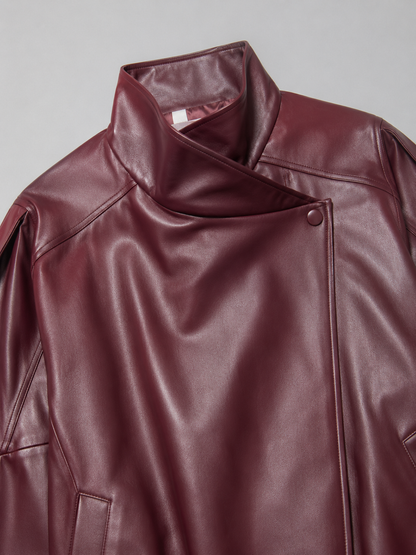 Veste bomber en cuir synthétique, couleur bourgogne
