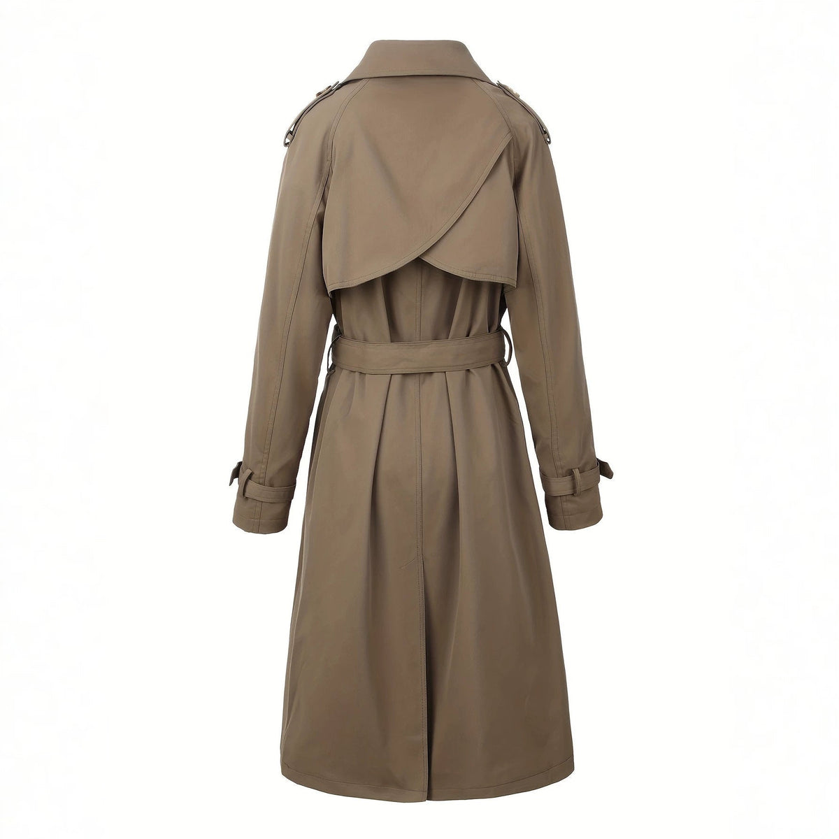 Trench-coat long croisé porté ceinture nouée, vue de profil