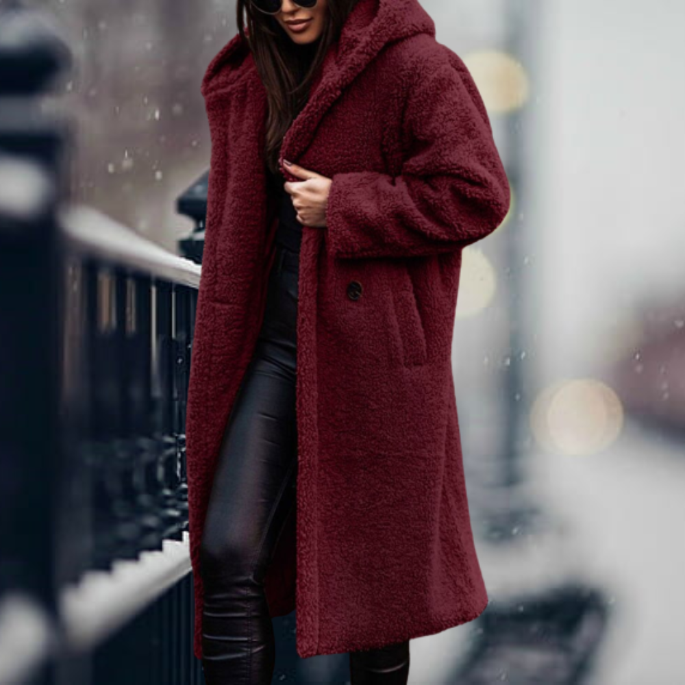 Manteau long en polaire teddy à capuche, vue d'ensemble