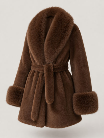 Manteau à ceinture pour femme avec col en fausse fourrure, vue de face