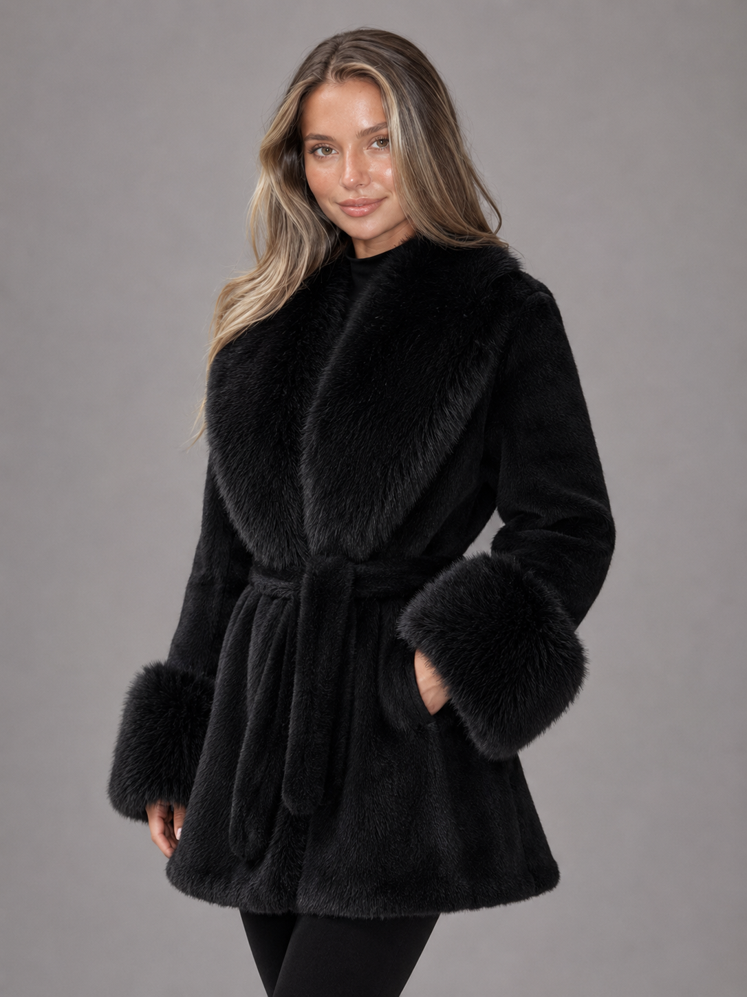 Manteau à ceinture pour femme avec col en fausse fourrure, vue de dos
