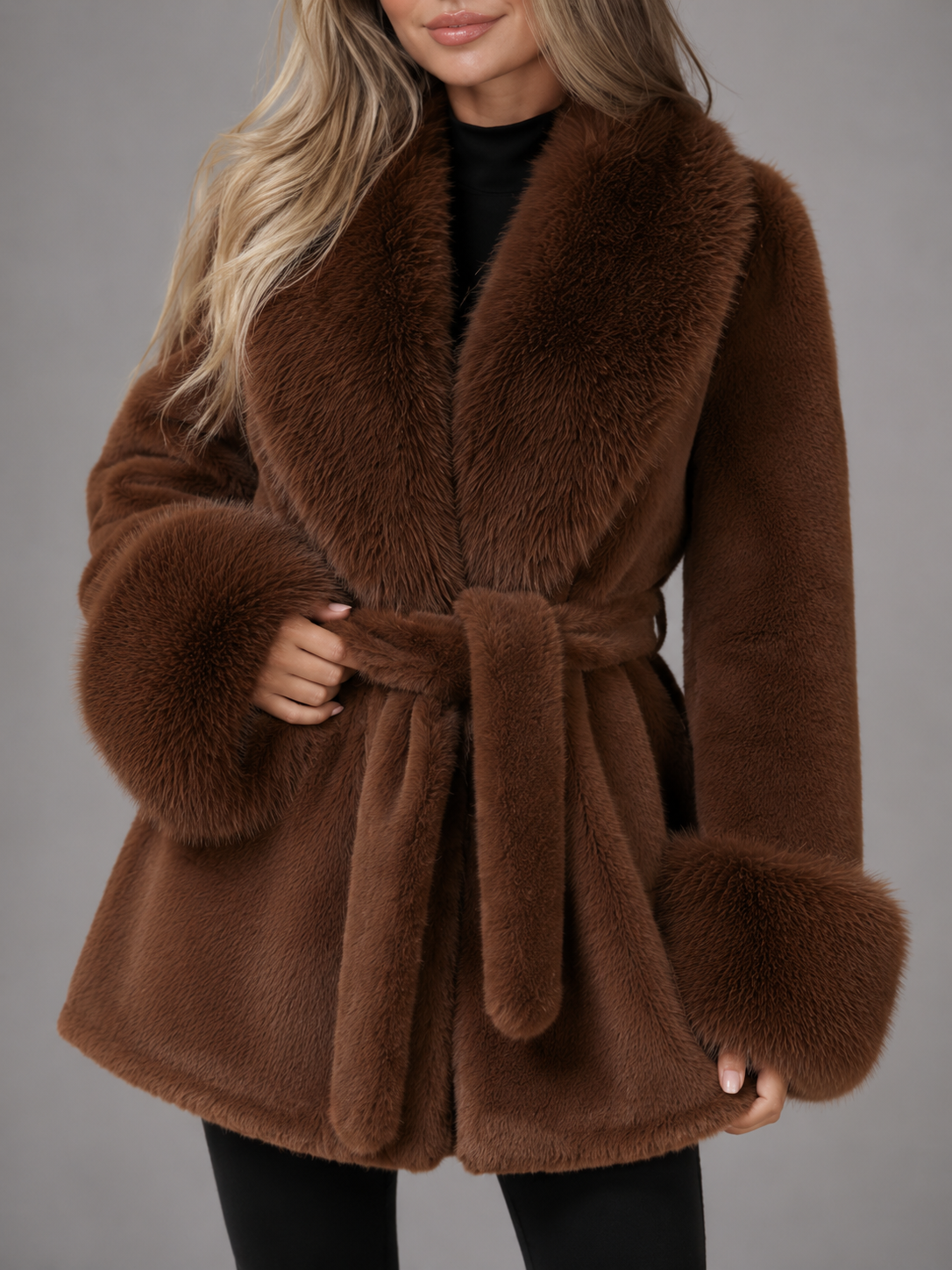 Manteau à ceinture pour femme avec col en fausse fourrure, détail de la ceinture