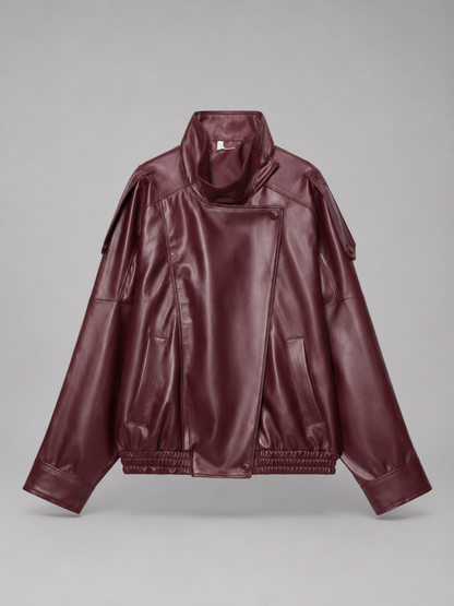Veste bomber en cuir synthétique, détail du col ribbé