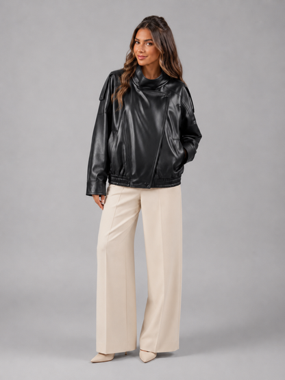 Veste bomber en cuir synthétique, teinte noire