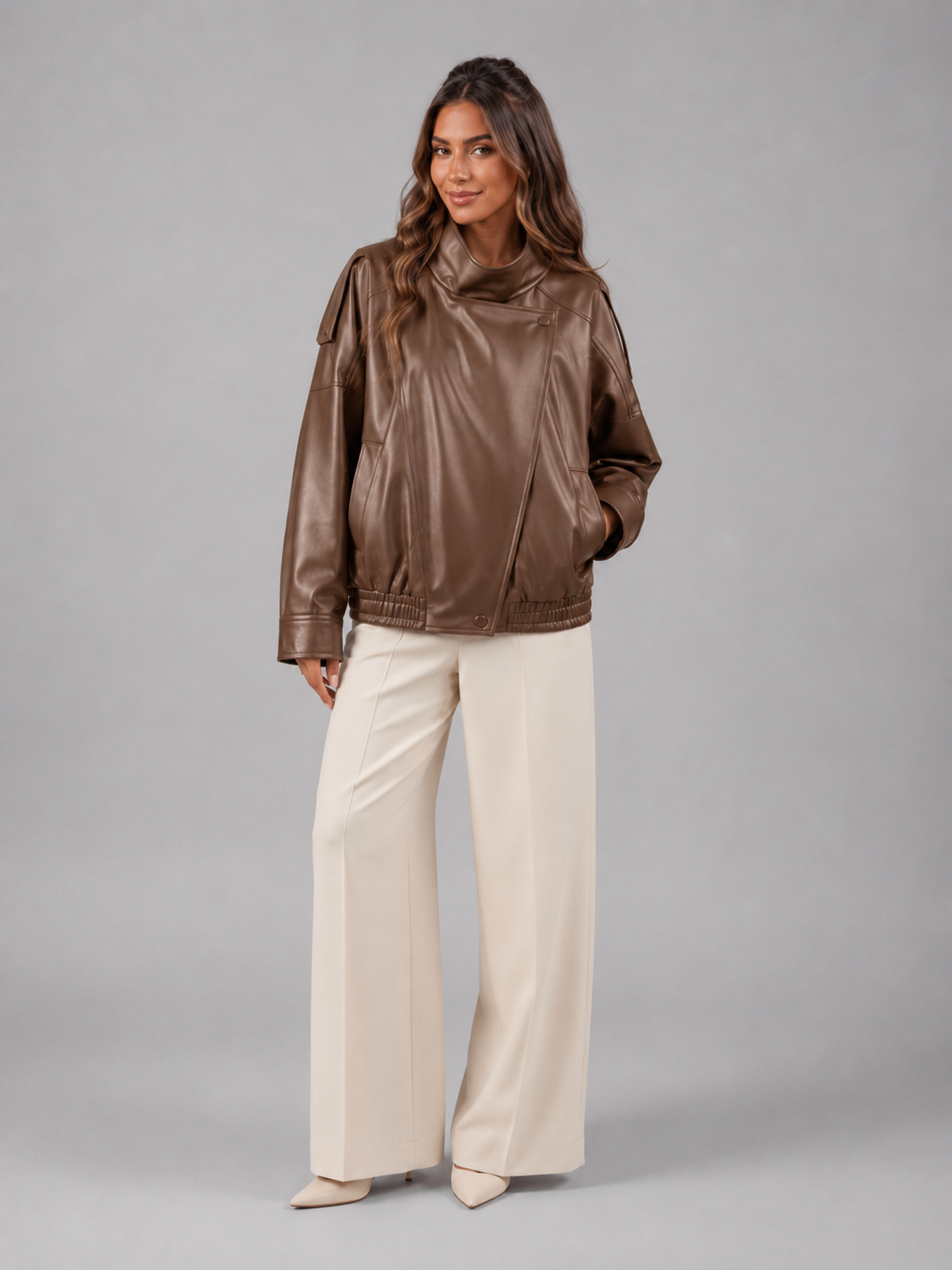 Veste bomber en cuir synthétique, teinte caramel