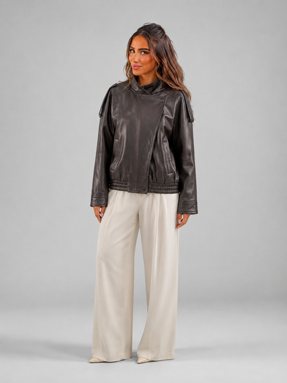Veste bomber en cuir synthétique, teinte marron