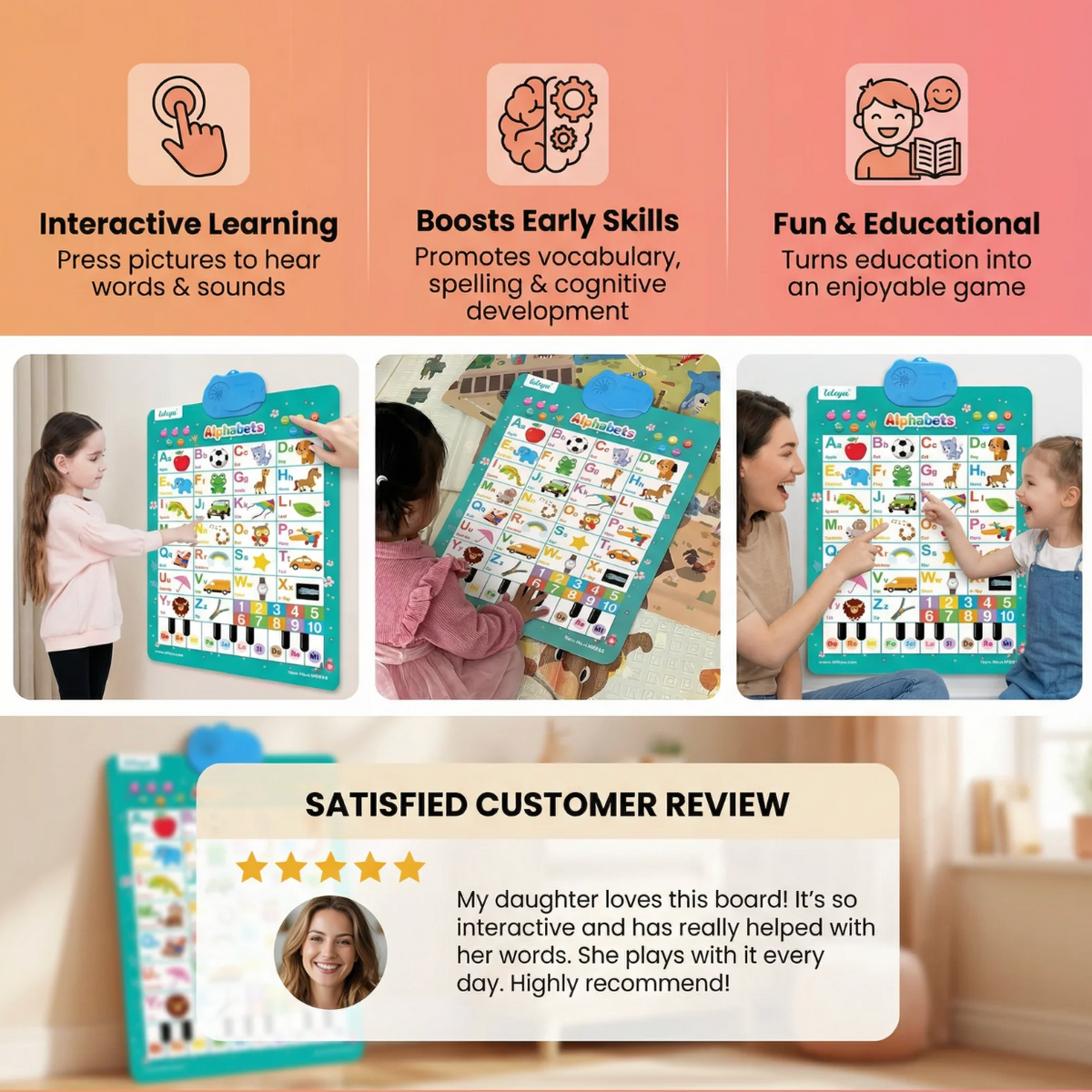 Enfant touchant les boutons de lettres et de sons d'animaux sur l'affiche interactive