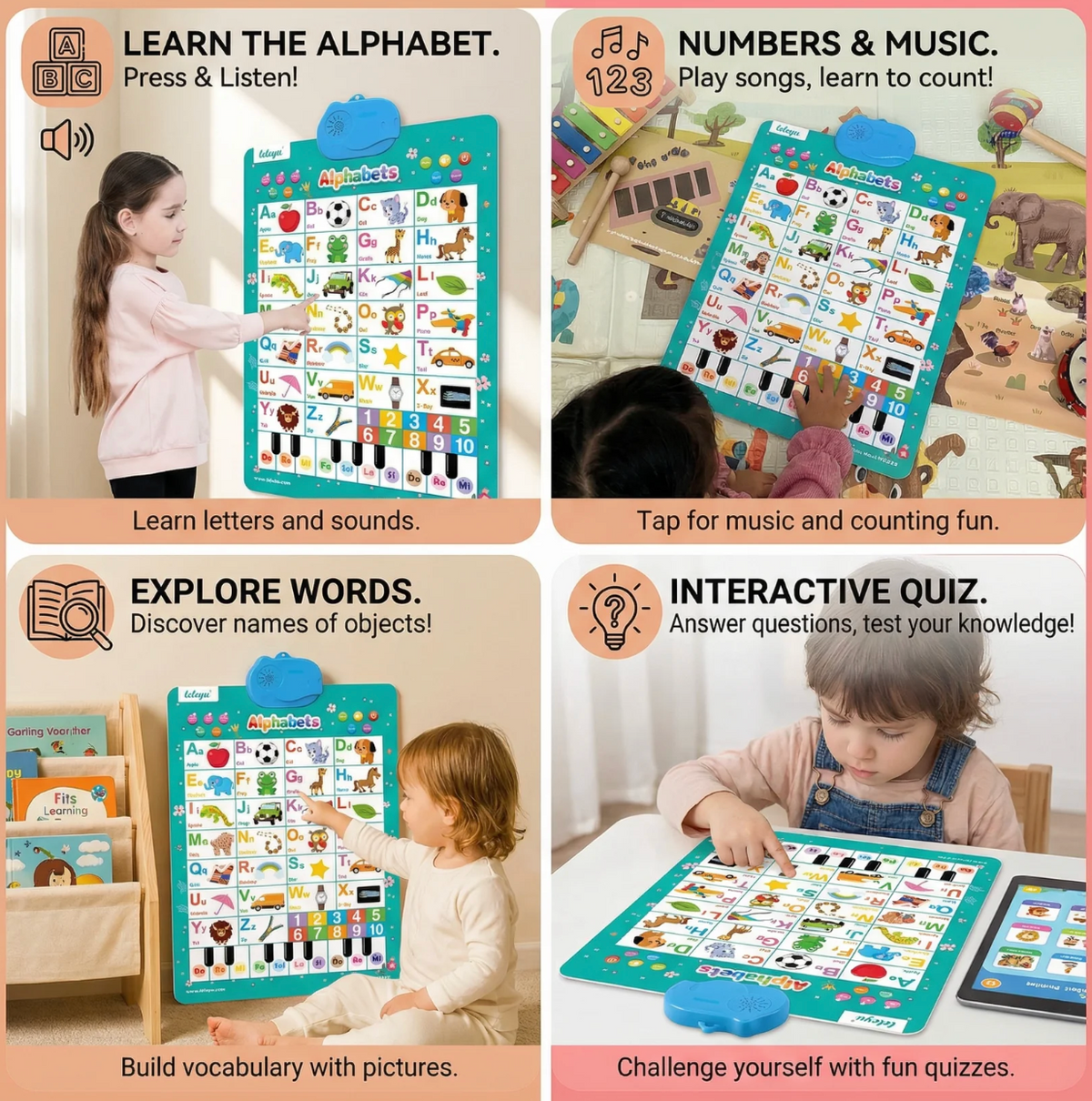 Enfant jouant seul avec l'affiche murale audio à activation tactile