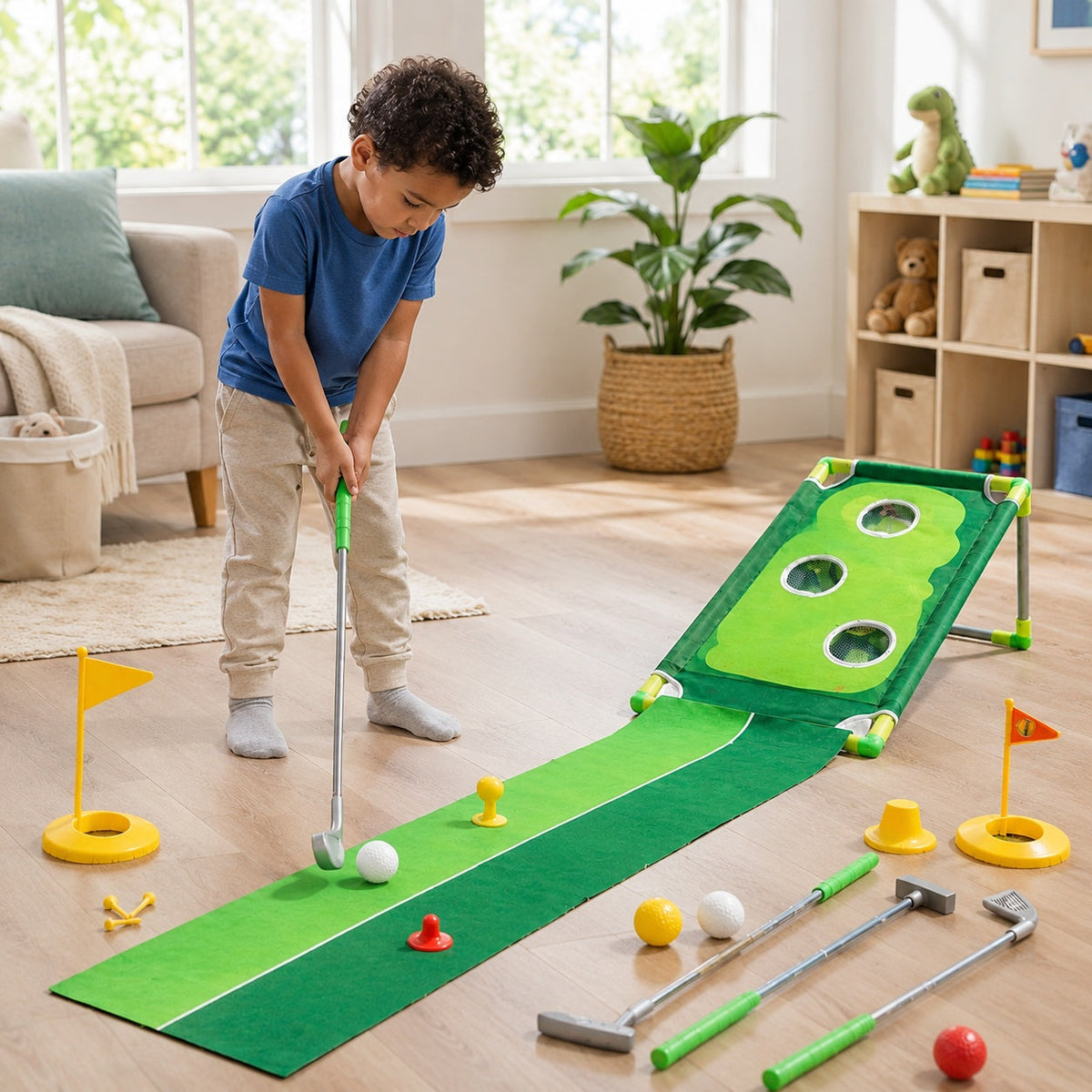 Enfants jouant avec le set de mini-golf, vue de face