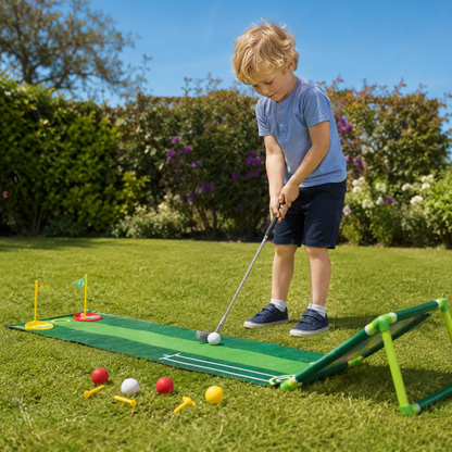 Enfant en train de swinguer avec le club de golf, photo d'action