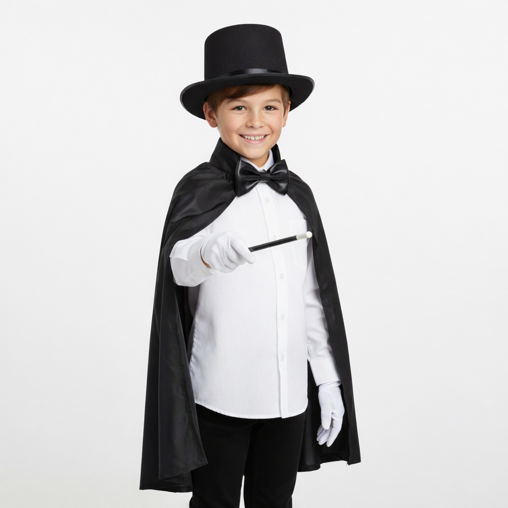 Ensemble de costume de sorcier enfant avec chapeau noir et cape, vue de face
