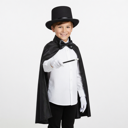 Ensemble de costume de sorcier enfant avec chapeau noir et cape, vue de face