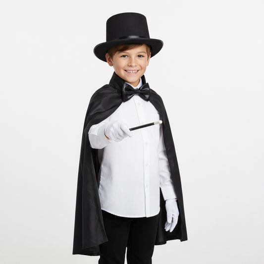Ensemble de costume de sorcier enfant avec chapeau noir et cape, vue de face