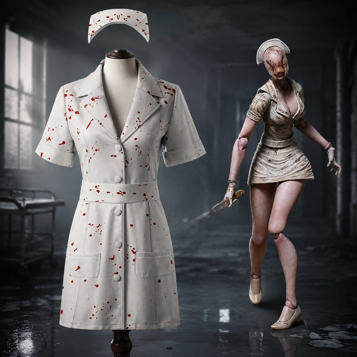 costume d'infirmière ensanglantée, avec étiquette de taille