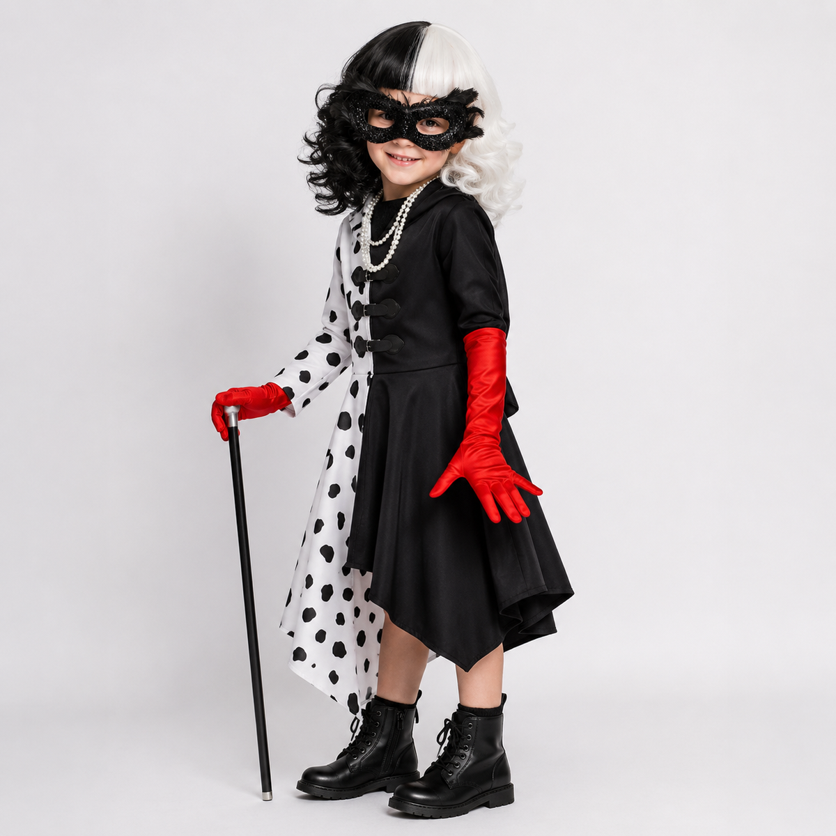 Robe déguisement à pois noir et blanc avec capuche, vue de face, pour enfant