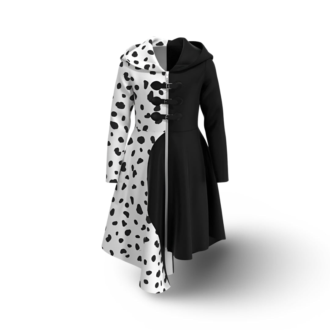 Robe déguisement à pois noir et blanc avec capuche, vue de dos, pour enfant