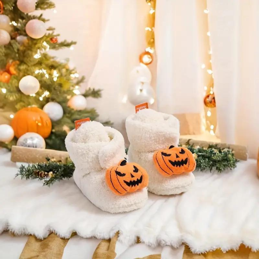 Chaussons Halloween enfant à motif citrouille, vue de côté