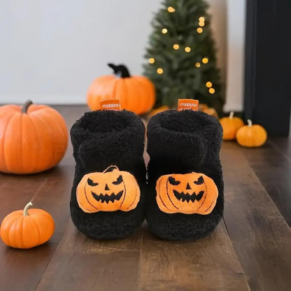 Chaussons Halloween enfant à motif citrouille, vue de dos