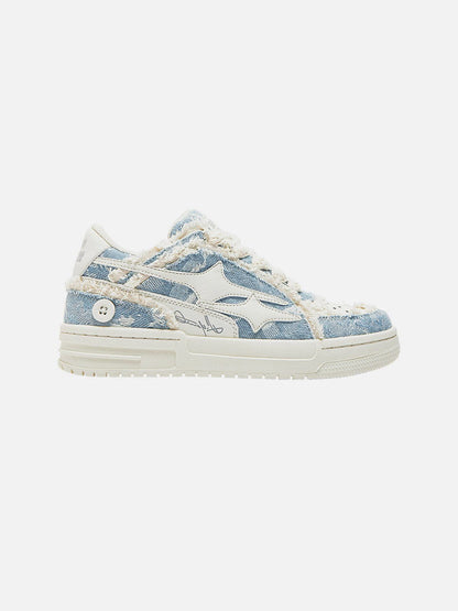 Basket homme bleue effet denim vue de profil, semelle épaisse crantée
