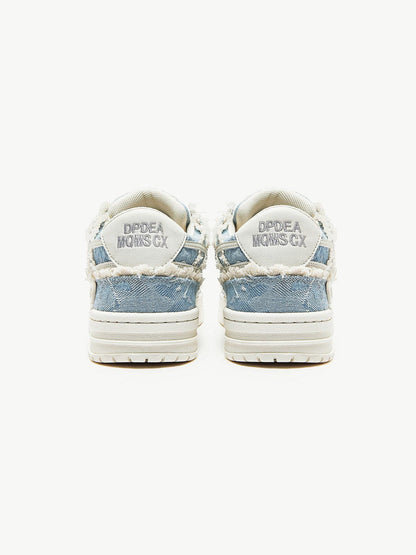Baskets homme bleues effet denim vues de dos, languette de talon et semelle épaisse