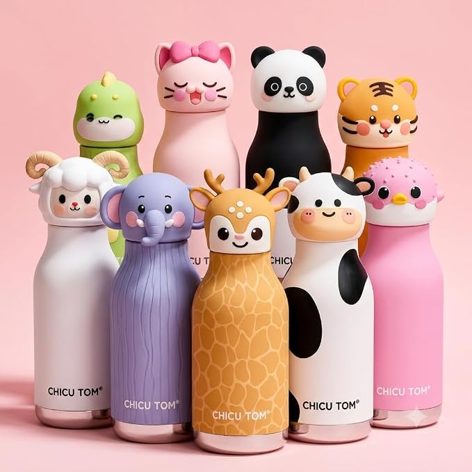 Neuf gourdes isothermes à tête d'animal alignées ensemble - biche, vache, panda, éléphant, chat, chevreau, poisson, dinosaure et tigre