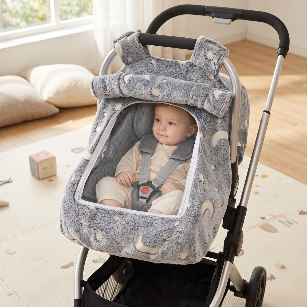Housse de siège auto bébé montrant la fenêtre grillagée zippée