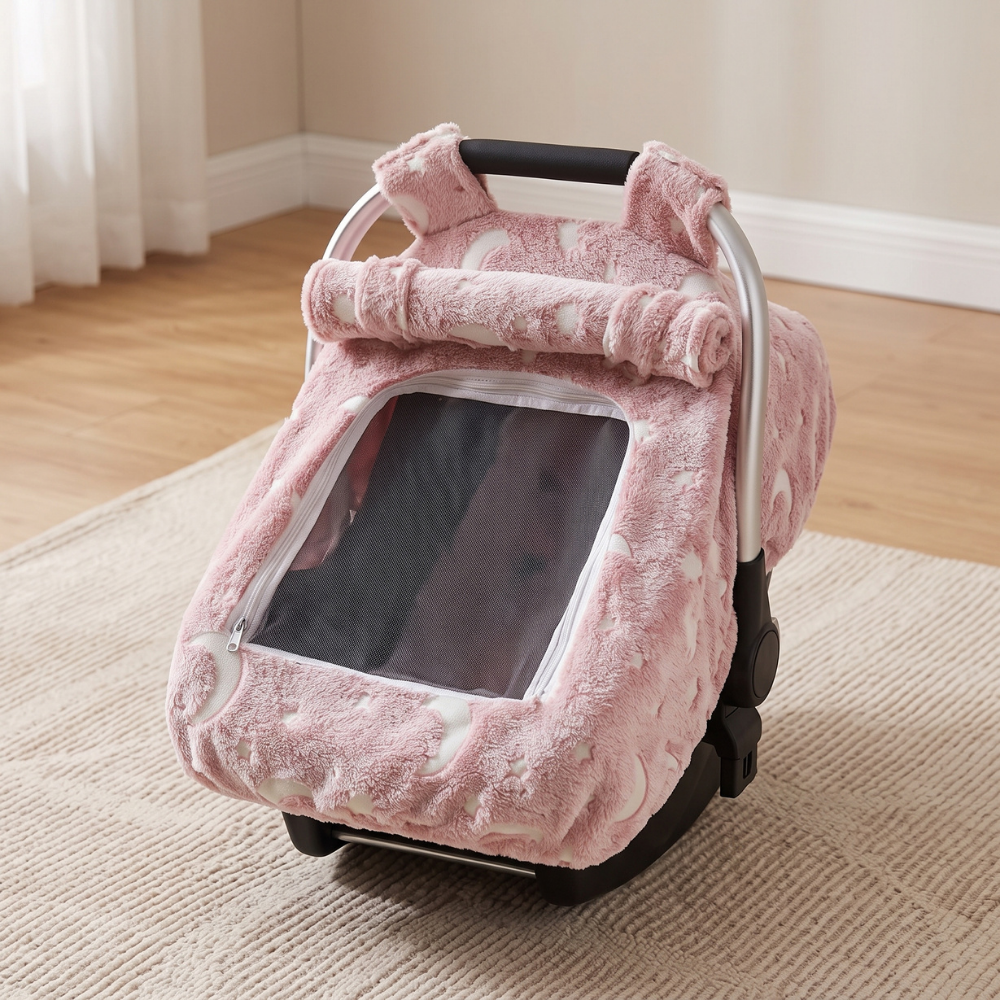 Housse de siège auto bébé installée sur un siège auto en usage