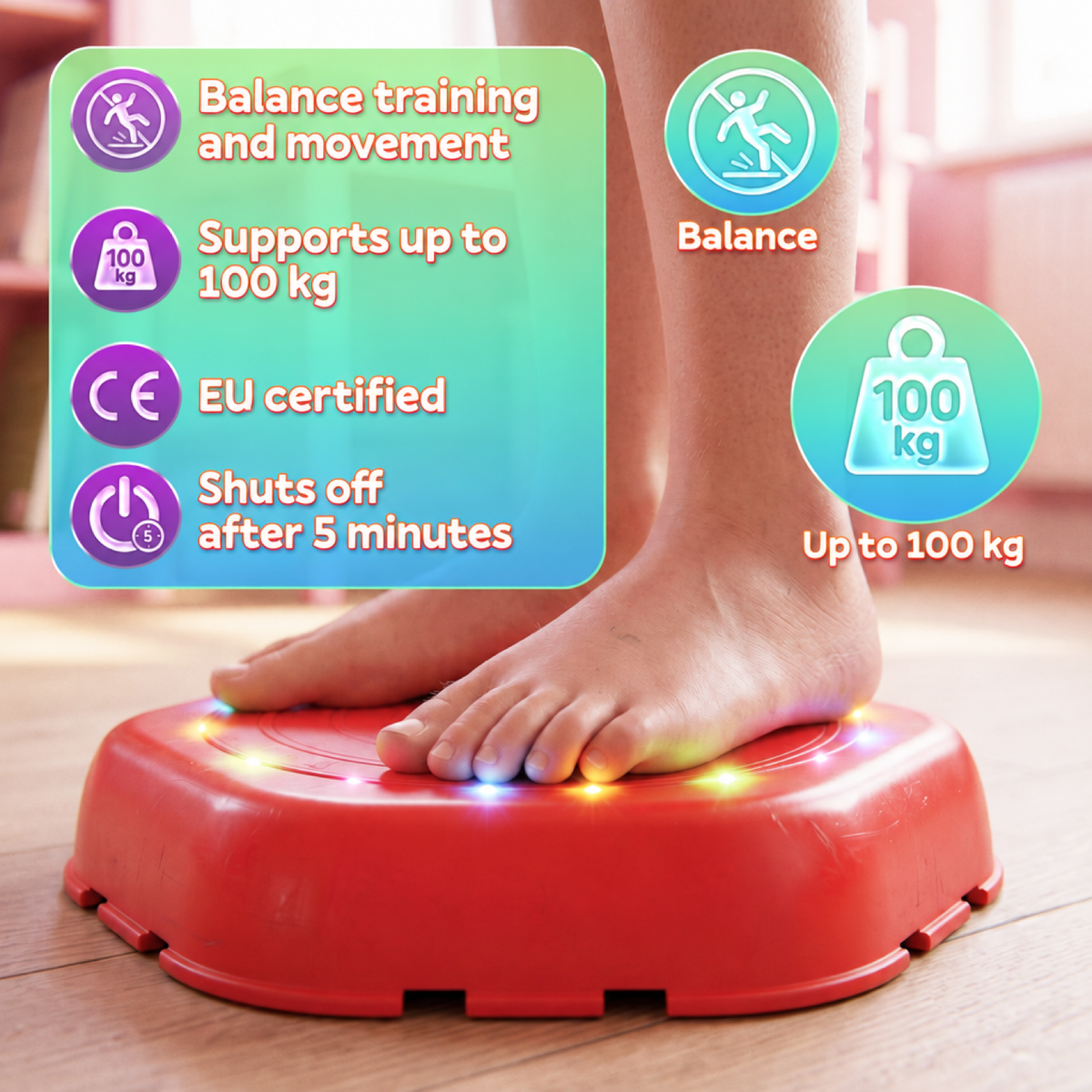 Pieds d'enfant sur une dalle rouge : supporte 100 kg, certifiée CE, arrêt automatique