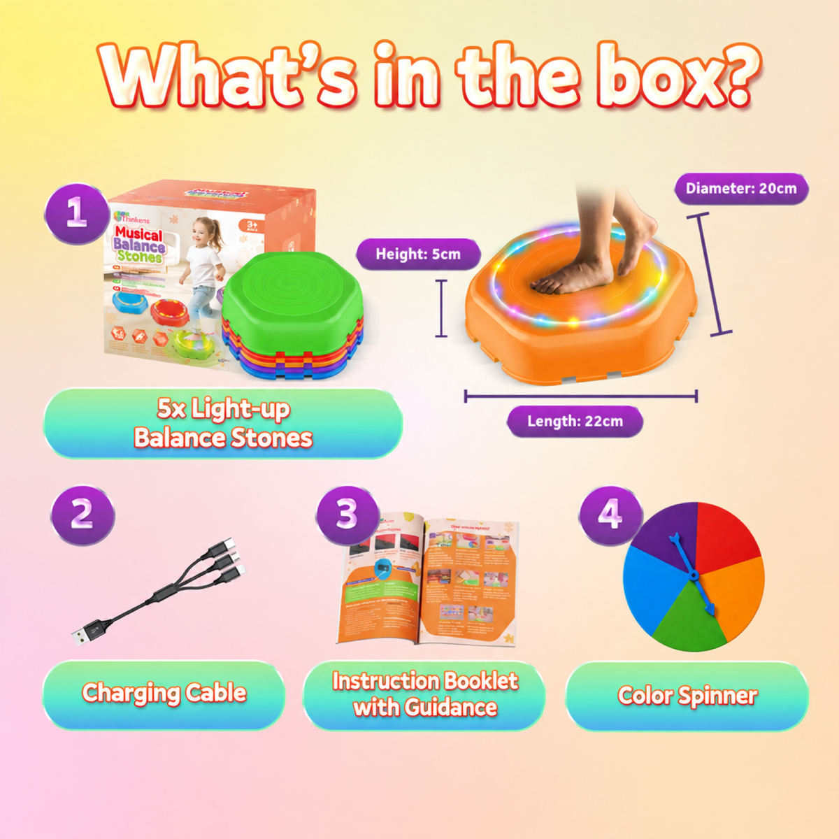 Visuel du contenu de la boîte : dalles, câble de charge et livret de jeu